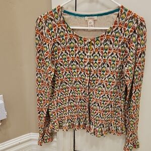 Sundance Cream Multicolor Ikat-Print Long Sleeve Cardigan With Ruffle Detail